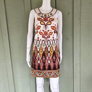 LAUNDRY Ivory Silk Print Jeweled Neckline Dress 0